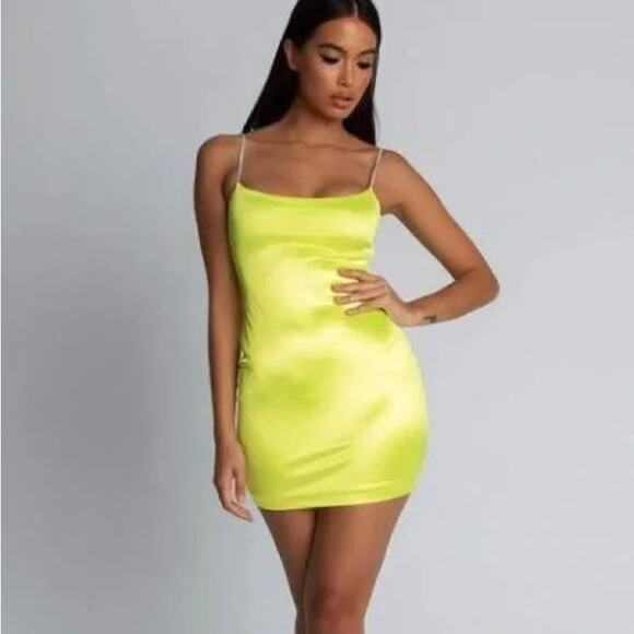 MESHKI Ruby Diamante Strap Satin Mini Dress Neon Yellow Sz S NWT {OO42} - Picture 2 of 5